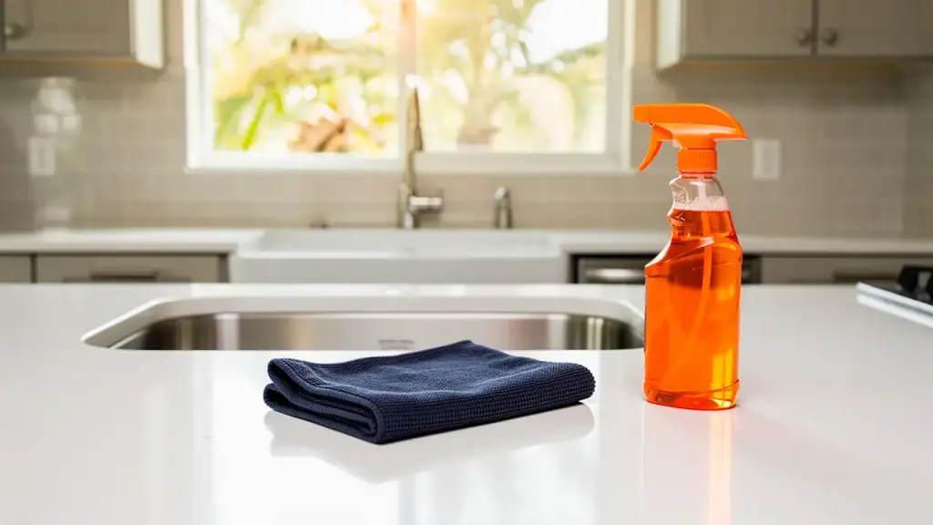 A wiped white kitchen counter and stainless sink with a folded navy microfiber cloth and an orange spray bottle