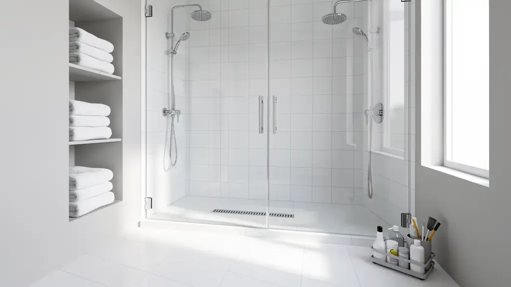 A spotless white bathroom with a frameless glass shower, folded towels and a supply caddy by the door
