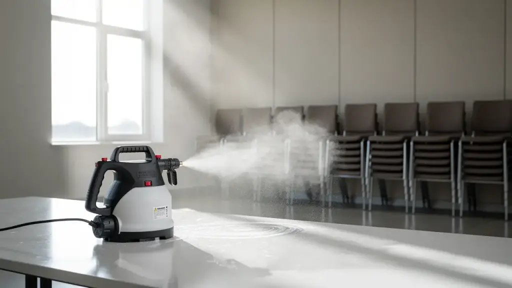 A handheld disinfectant fogger on a wiped table with fine mist in the window light and chairs stacked behind