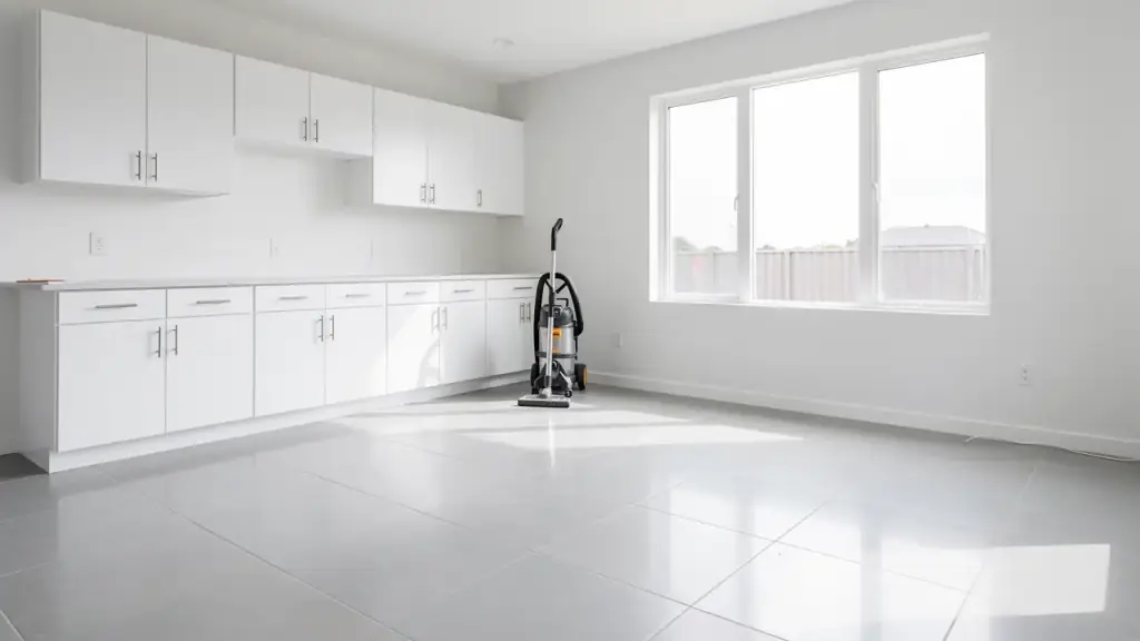 A new-build kitchen after the final clean with dust-free tile, new white cabinets and a shop vacuum in the corner