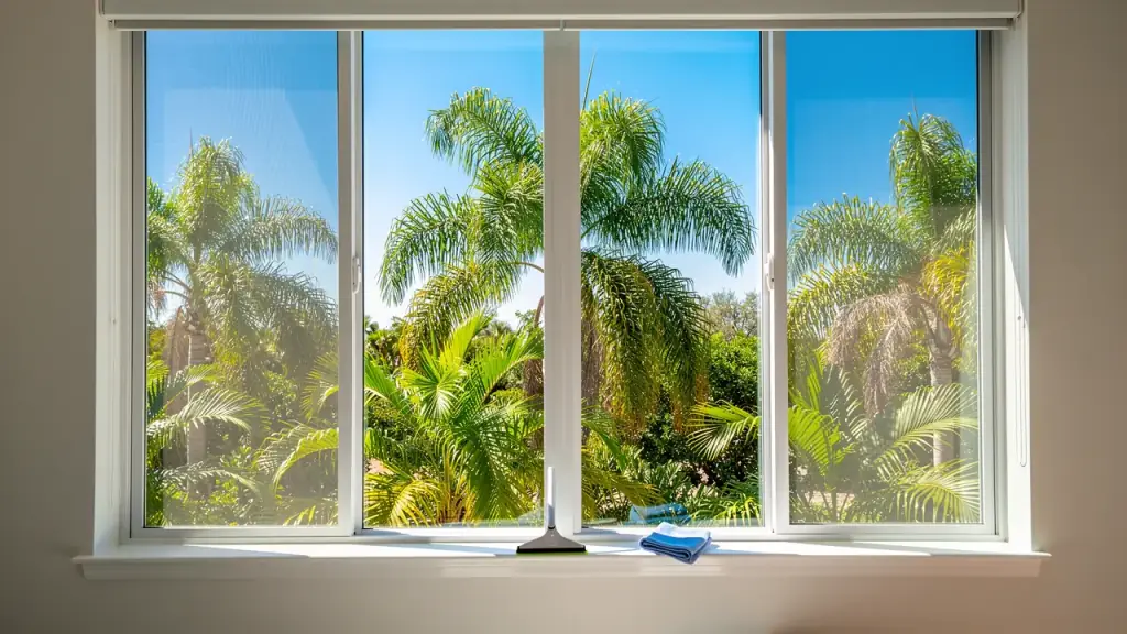 Tall streak-free windows looking onto palm trees and blue sky, with a squeegee and cloth on the sill